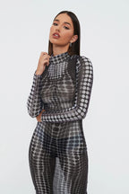 2023 Women's New Sexy See -through Mesh Printed High -waist Slim Long Dress aclosy