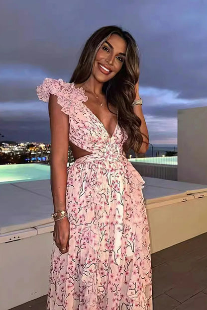 Deep V Ruffled Floral Backless Dress