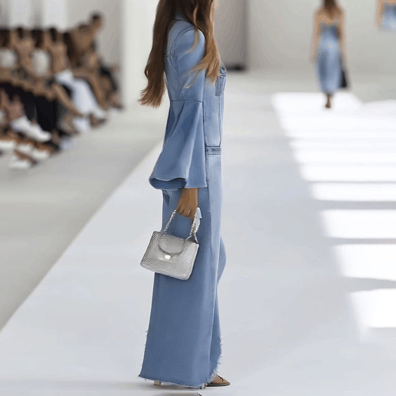 Denim Jumpsuit Bell Sleeves And V-Neck Party Wear