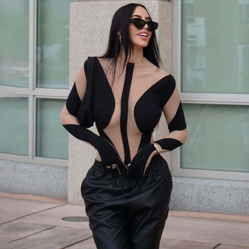 Sexy Mesh Perspective Stitching Long-sleeved Finger Sleeve Bodysuit Aclosy