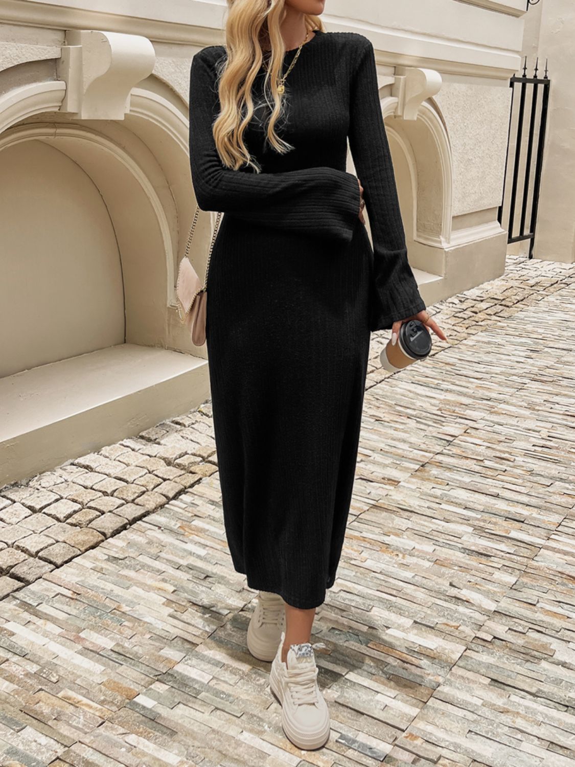 Devine Tied Round Neck Long Sleeve Midi Dress Trendsi