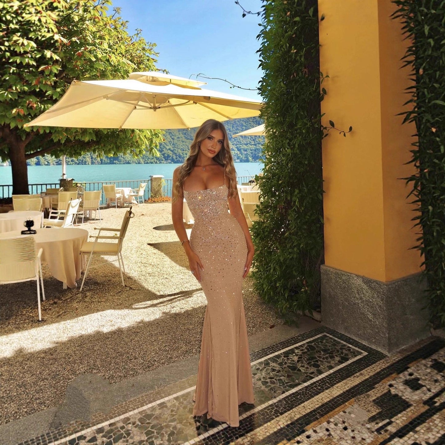 Sexy Backless Strapless Dress With Hanging Neck And Hot-fix Rhinestones aclosy