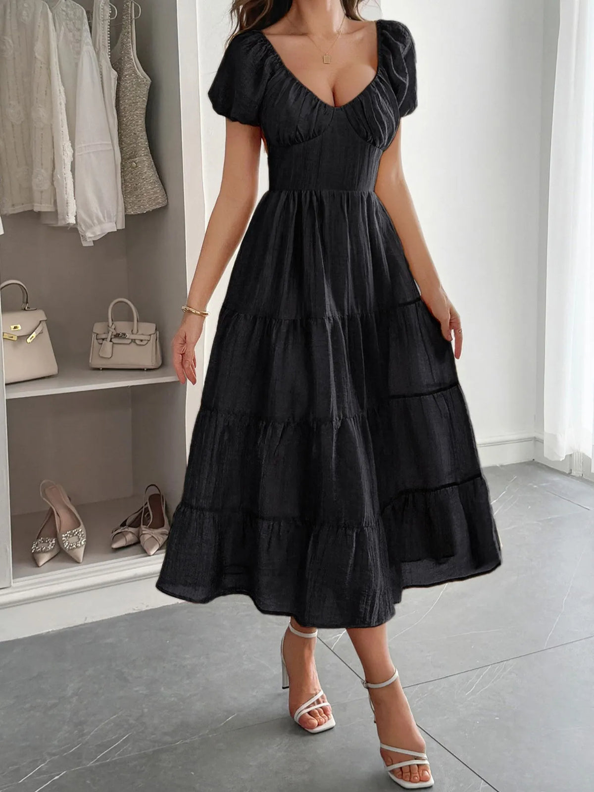 Backless Tiered Puff Sleeve Midi Dress