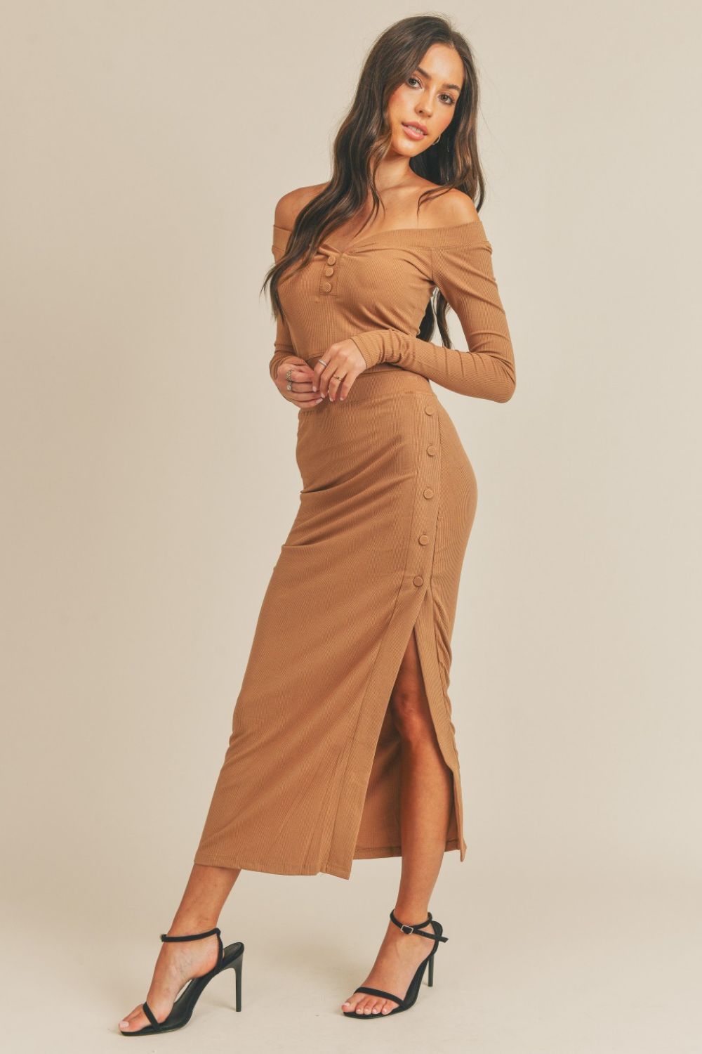 MABLE Button Detail Crop Top and Slit Midi Skirt Set Trendsi