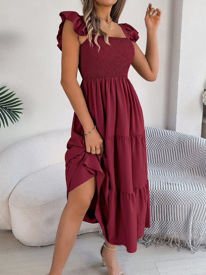 Smocked Square Neck Cap Sleeve Midi Dress Trendsi