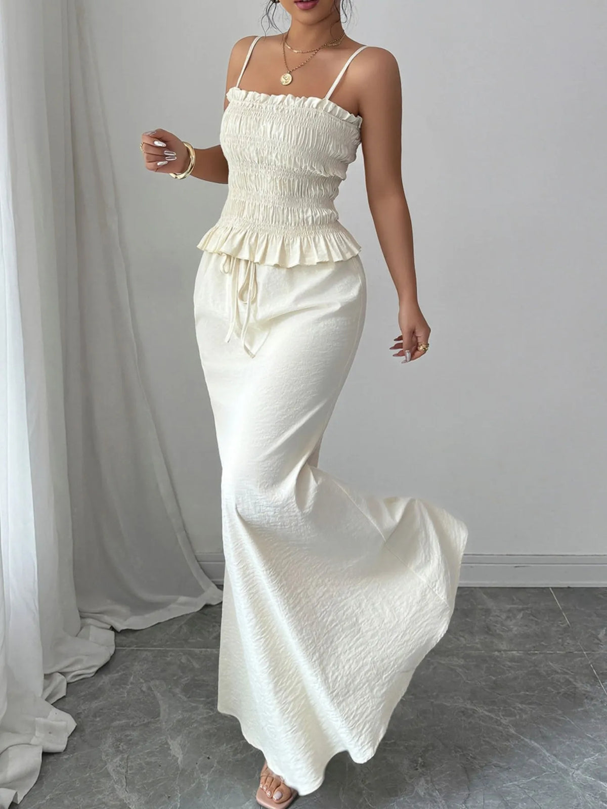 Smocked Ruffled Hem Cami and Maxi Skirt Set
