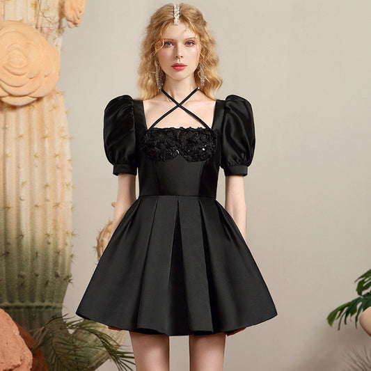 Women's Fashionable Elegant Three-dimensional Flower Patchwork Waist-slimming Slimming Dress Aclosy