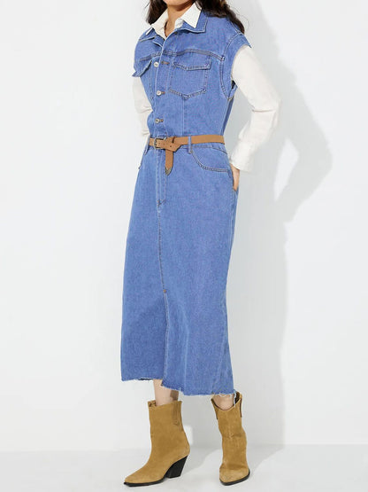 Slit Half Button Collared Neck Cap Sleeve Denim Dress Trendsi