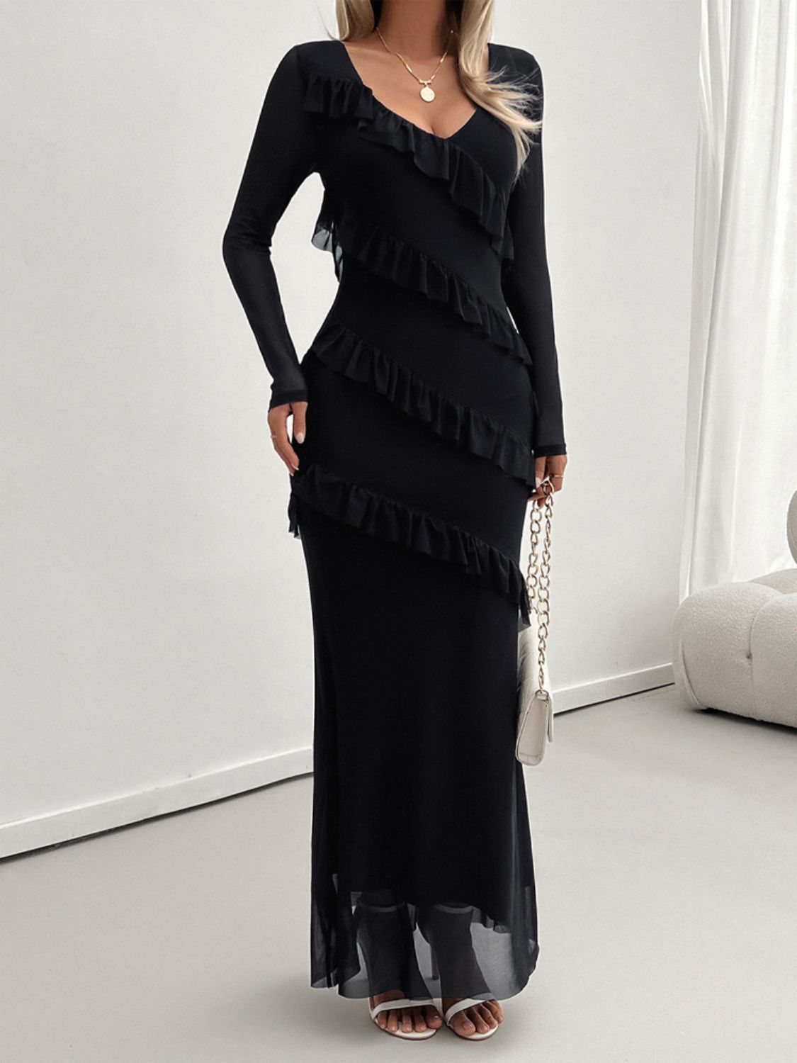 Devine Ruffled Surplice Long Sleeve Maxi Dress Trendsi