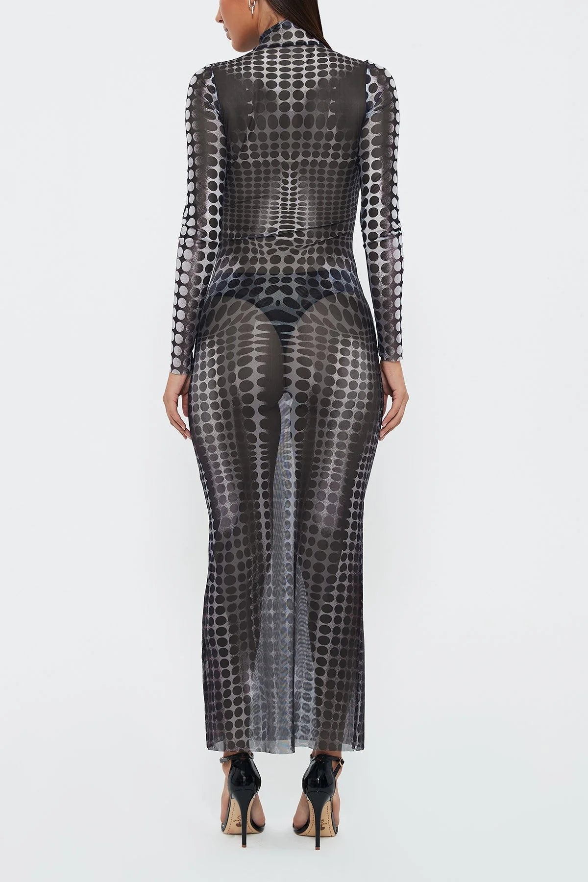 2023 Women's New Sexy See -through Mesh Printed High -waist Slim Long Dress aclosy