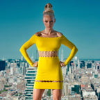 Yellow Long Sleeved Hollowed Out Chain Bandage Mini Dress Aclosy