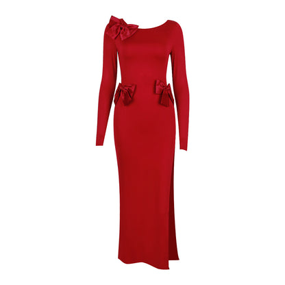 Long Sleeve Backless Bow Split Dress Red Dress Aclosy