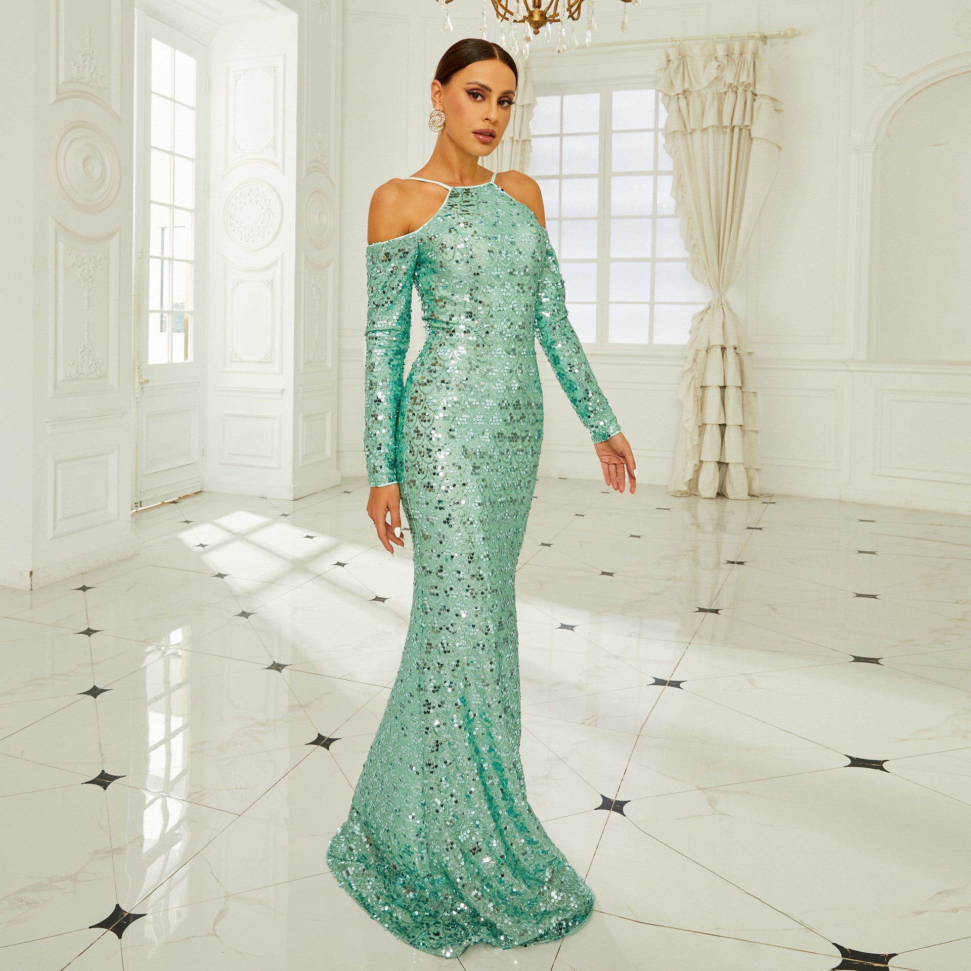 Long Sleeve Off-the-shoulder Banquet Sequined Sheath Fishtail Dress aclosy