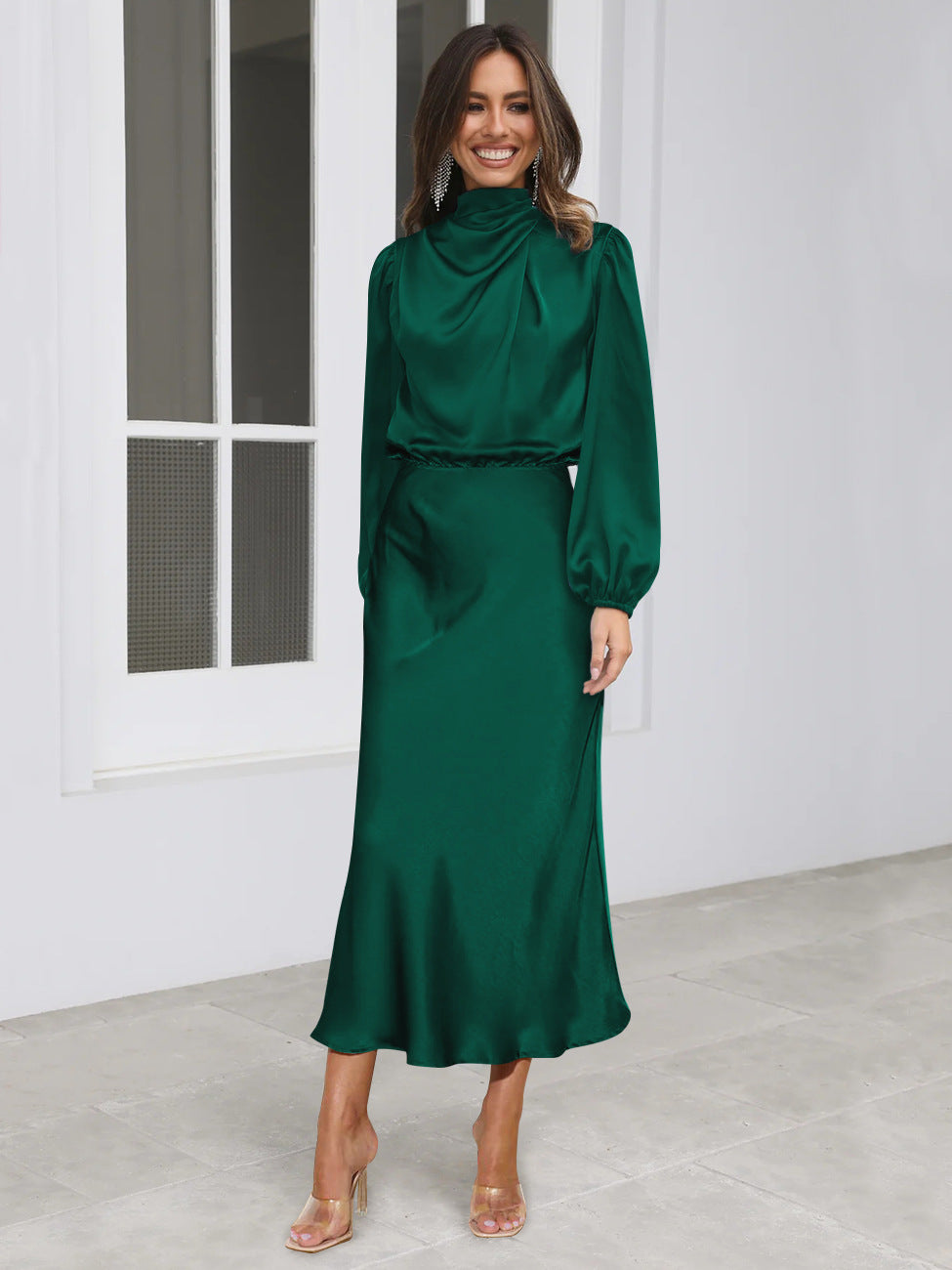 Elegant sleeved halter neck satin evening dress