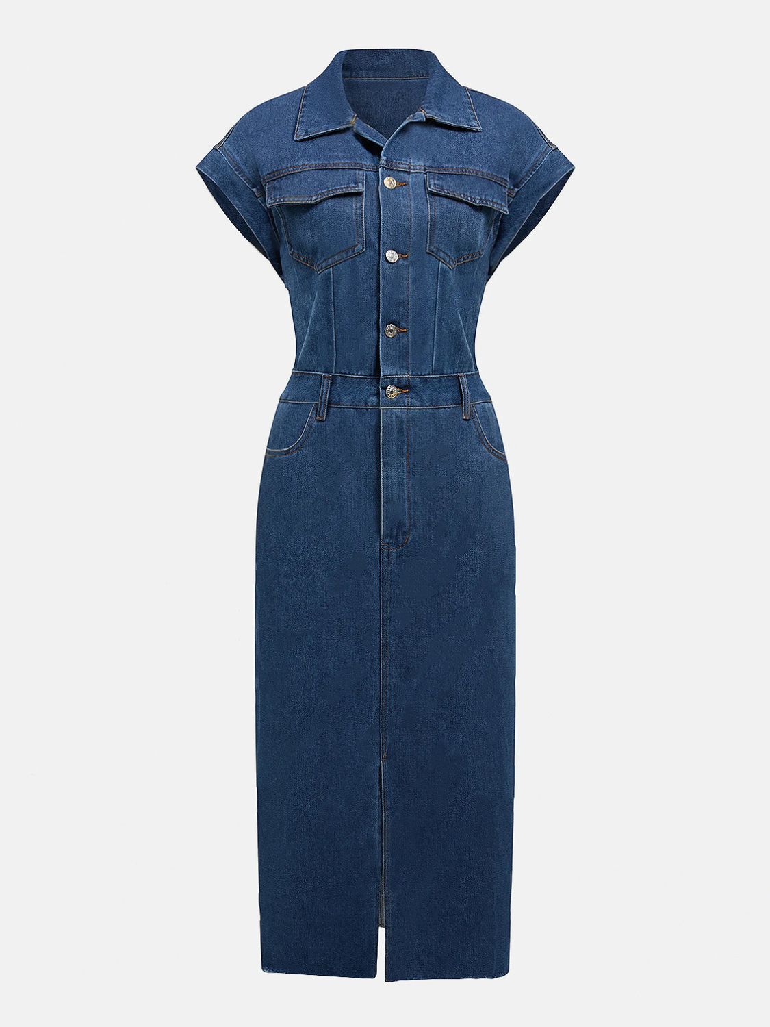 Slit Half Button Collared Neck Cap Sleeve Denim Dress Trendsi