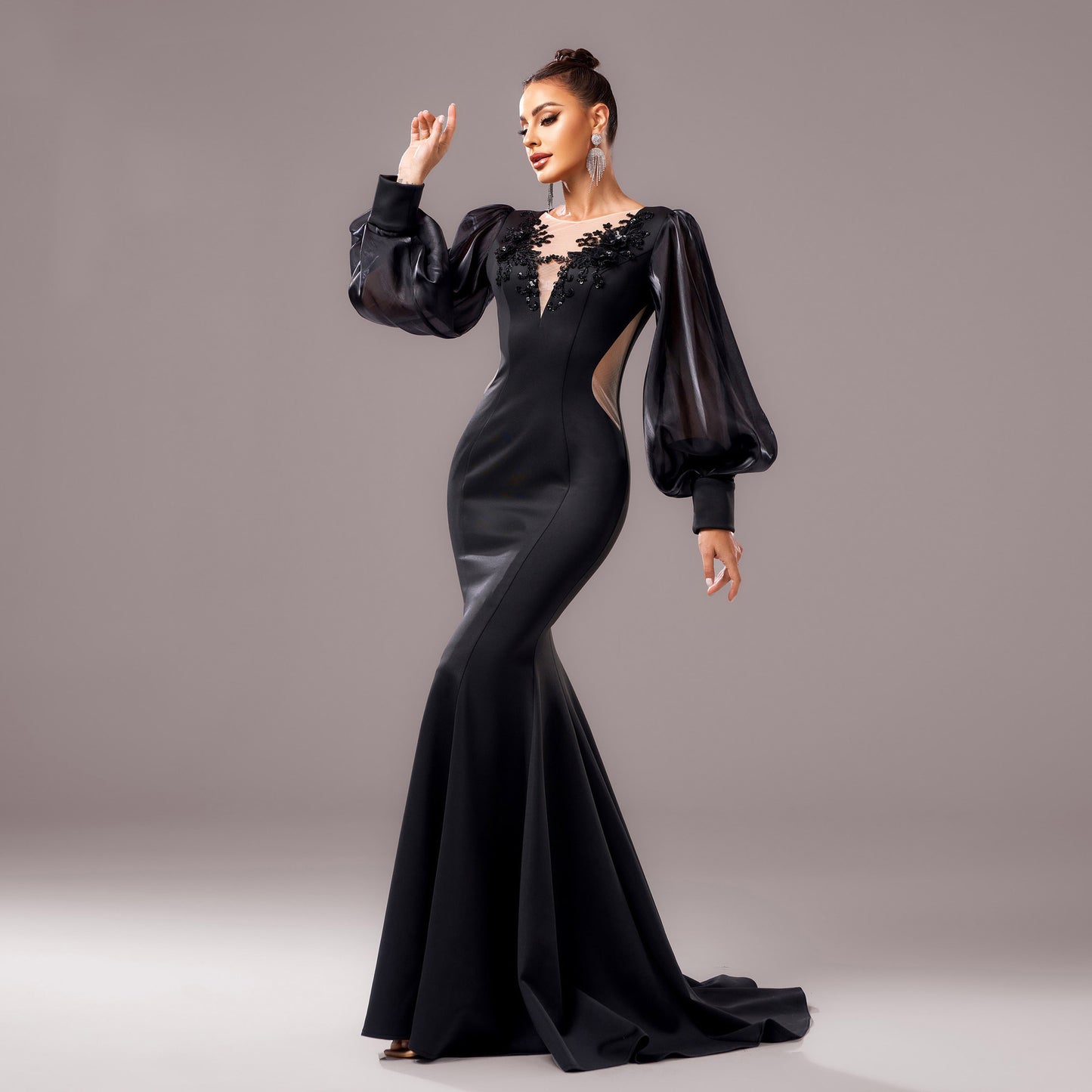 Long Sleeve Round Neck Banquet Applique Sheath Fishtail Dress aclosy