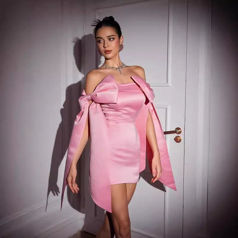 strapless open back dress Short Glitter Homecoming Dress with Shoulder Bows– PromGirl main image 1