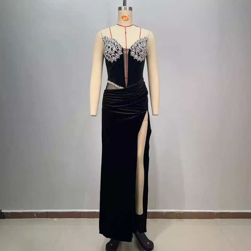 Women's Black Bandeau Slim-fit Hot Drilling Long Dress aclosy