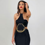 Women's Graceful And Fashionable Sunken Stripe Chain Halter Lace-up Sleeveless Dress aclosy