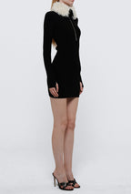 Black Fur Collar Zipper Bandage High Elastic Dress Aclosy