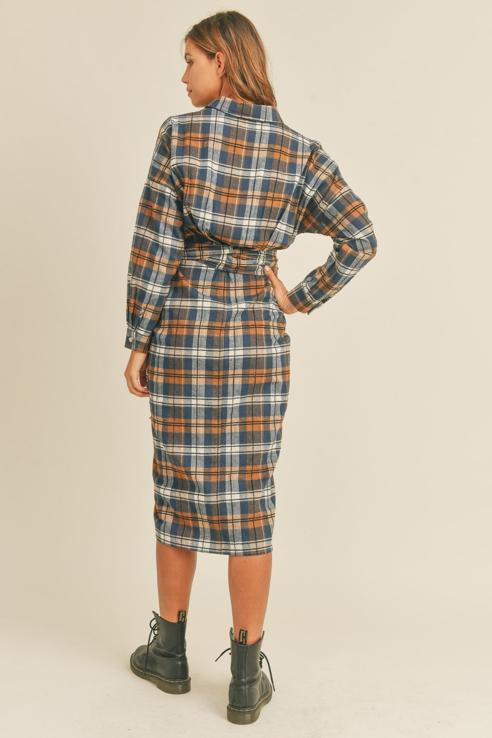 Mable Plaid Flannel Front Tie Button Down Shirt Dress Trendsi