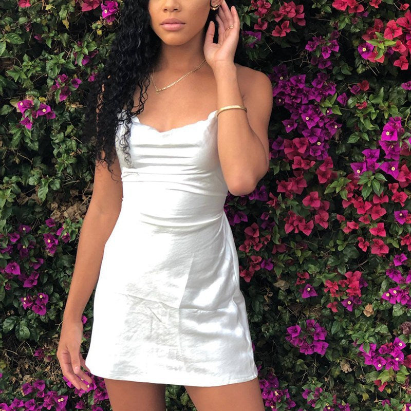 European And American Satin Waist-controlled Lace-up Strap Dress aclosy