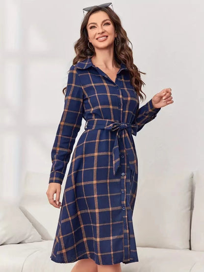 Plaid Tie Waist Long Sleeve Dress Trendsi