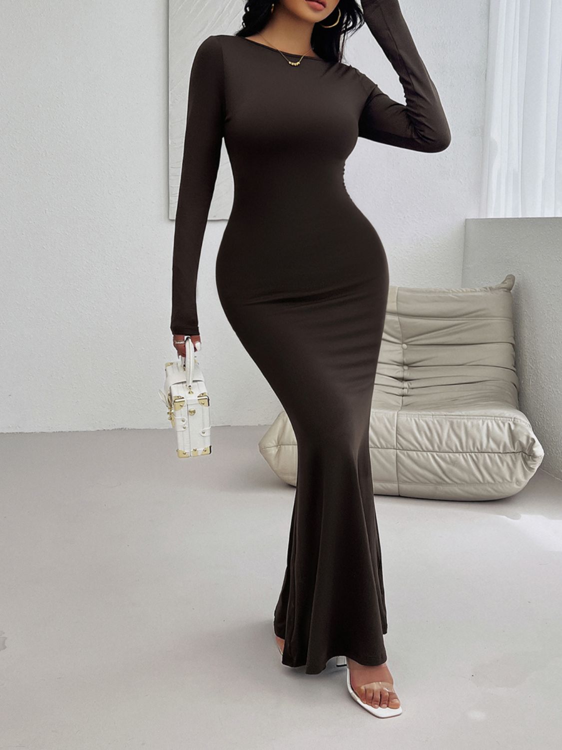 Devine Backless Round Neck Long Sleeve Maxi Dress Trendsi