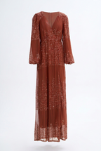 Rust Long-Sleeve Sequin Wrap Maxi Dress