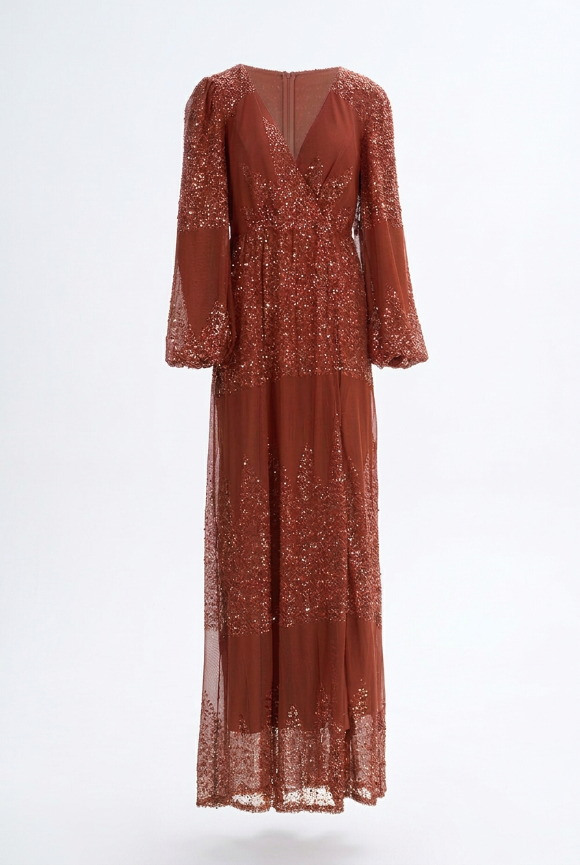 Rust Long-Sleeve Sequin Wrap Maxi Dress