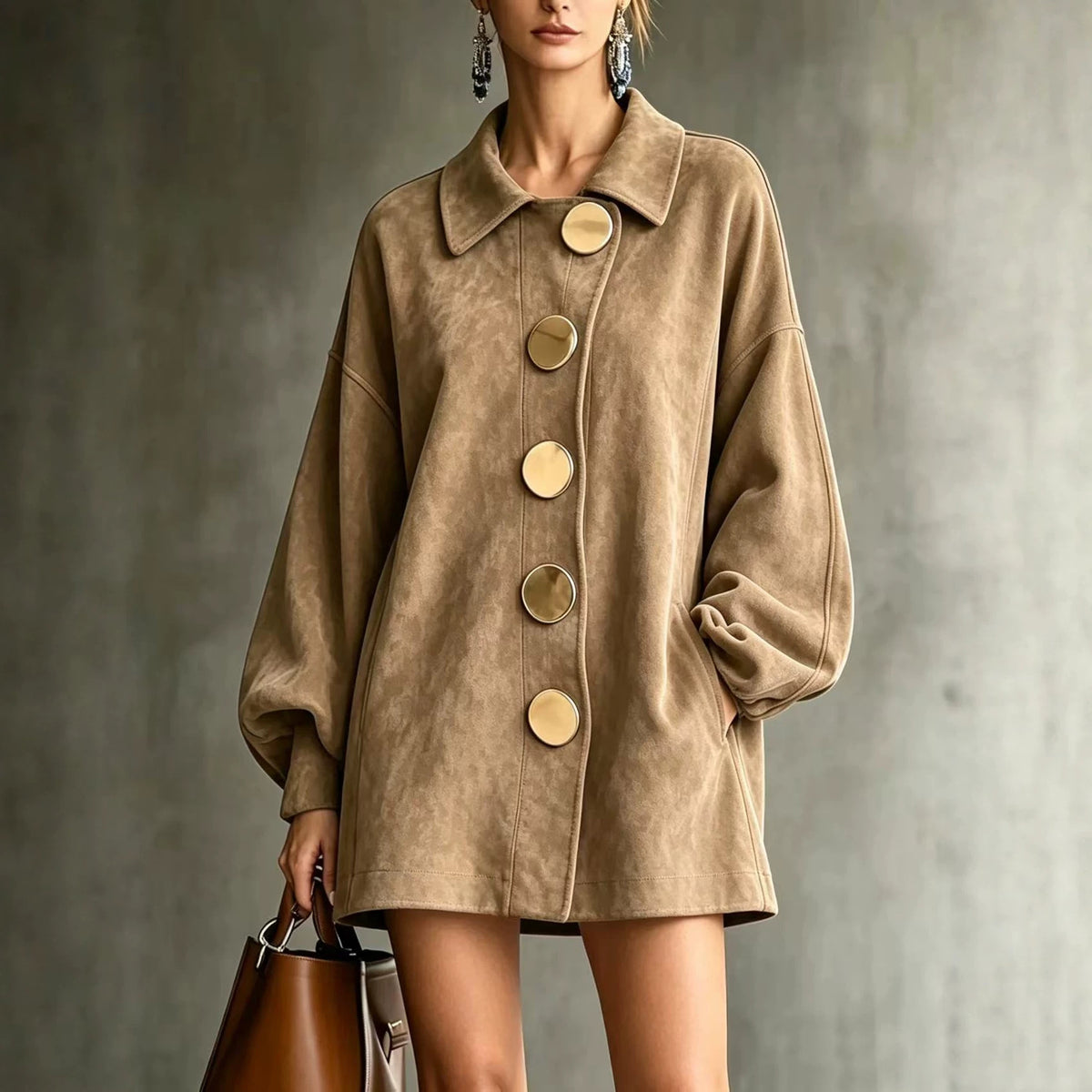 margot oversized faux suede jacket dress in khaki - pocket view