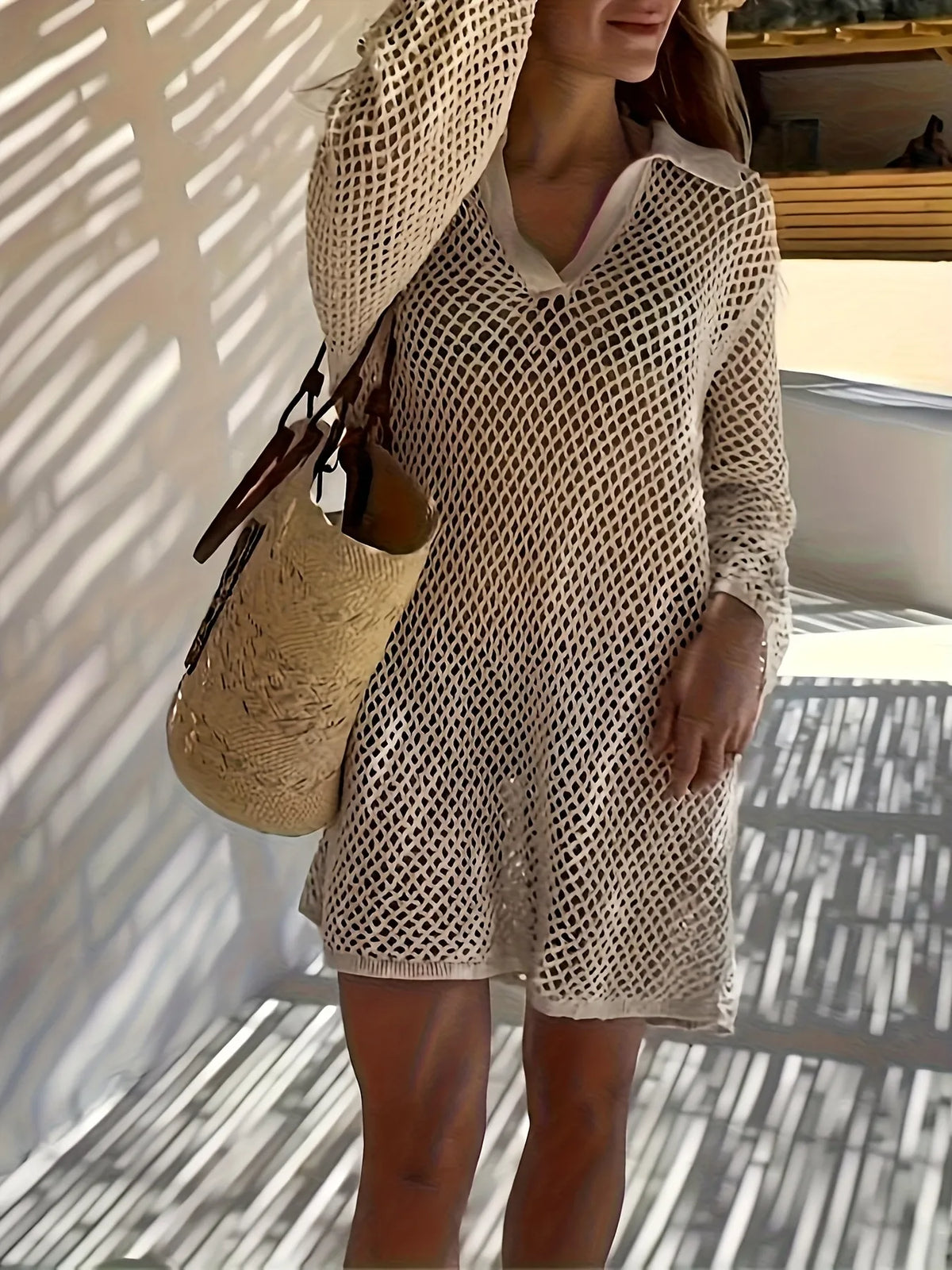 Collared Neck Long Sleeve Knit Cover Up Dress