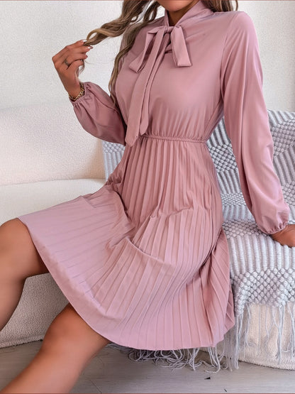 Tie Neck Balloon Sleeve Pleated Dress Trendsi