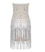Beaded Silver Paillette Tassel Tube Top Dress Aclosy
