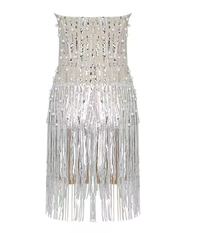 Beaded Silver Paillette Tassel Tube Top Dress Aclosy