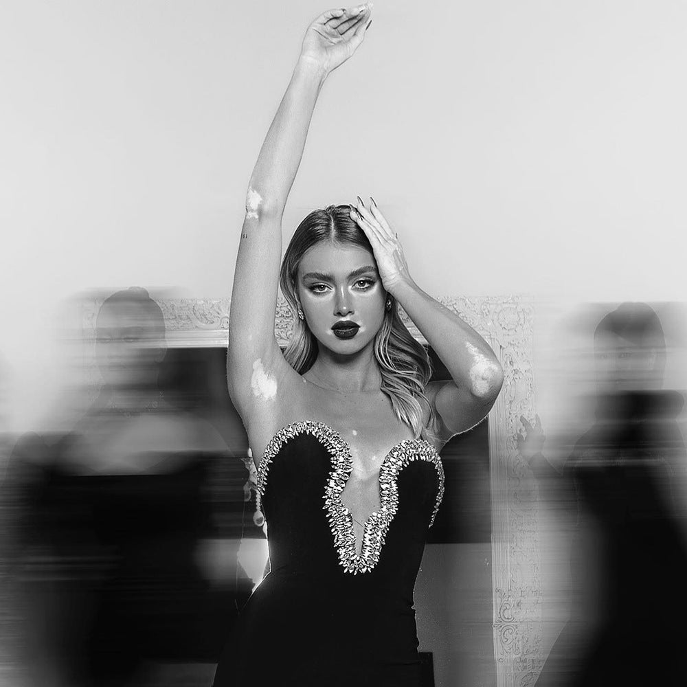 Summer Tube Top V-neck Diamond Black Bandage One-piece Dress aclosy