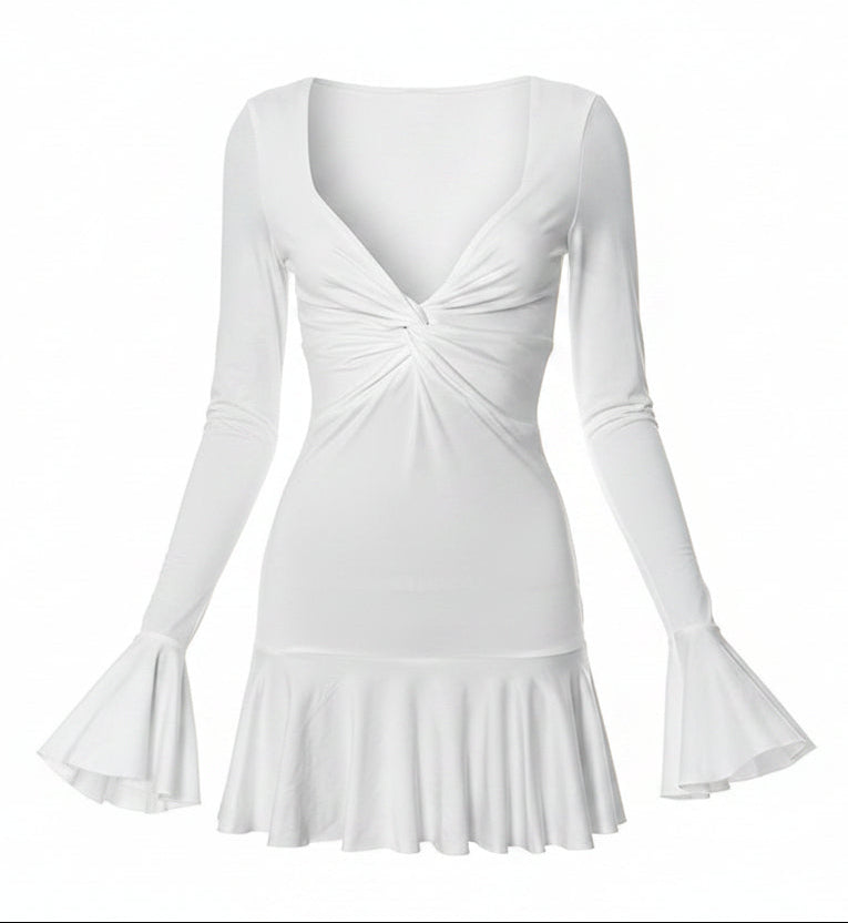Akaila Low Cut Long Sleeve Ruffled Mini Dress