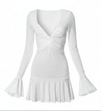 Akaila Low Cut Long Sleeve Ruffled Mini Dress