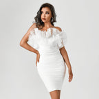 Women's White Net Falbala Tube Top Bandage One-piece Dress aclosy