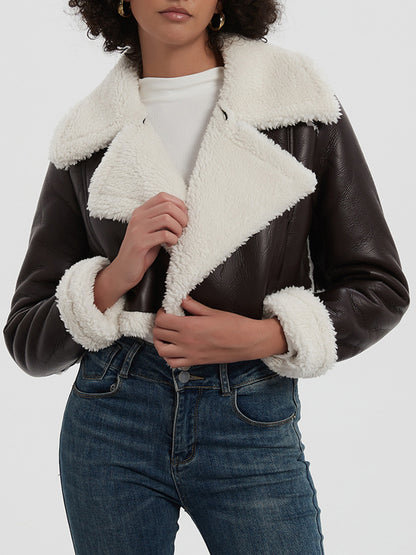 Collared Neck Long Sleeve Plush Cropped Jacket Trendsi