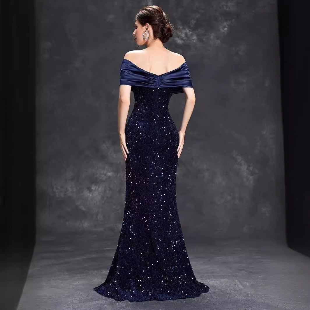 New Off-shoulder Evening Dress New Slim Fishtail Sexy Temperament Christmas Party Dress aclosy