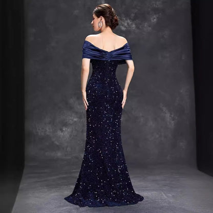 New Off-shoulder Evening Dress New Slim Fishtail Sexy Temperament Christmas Party Dress aclosy