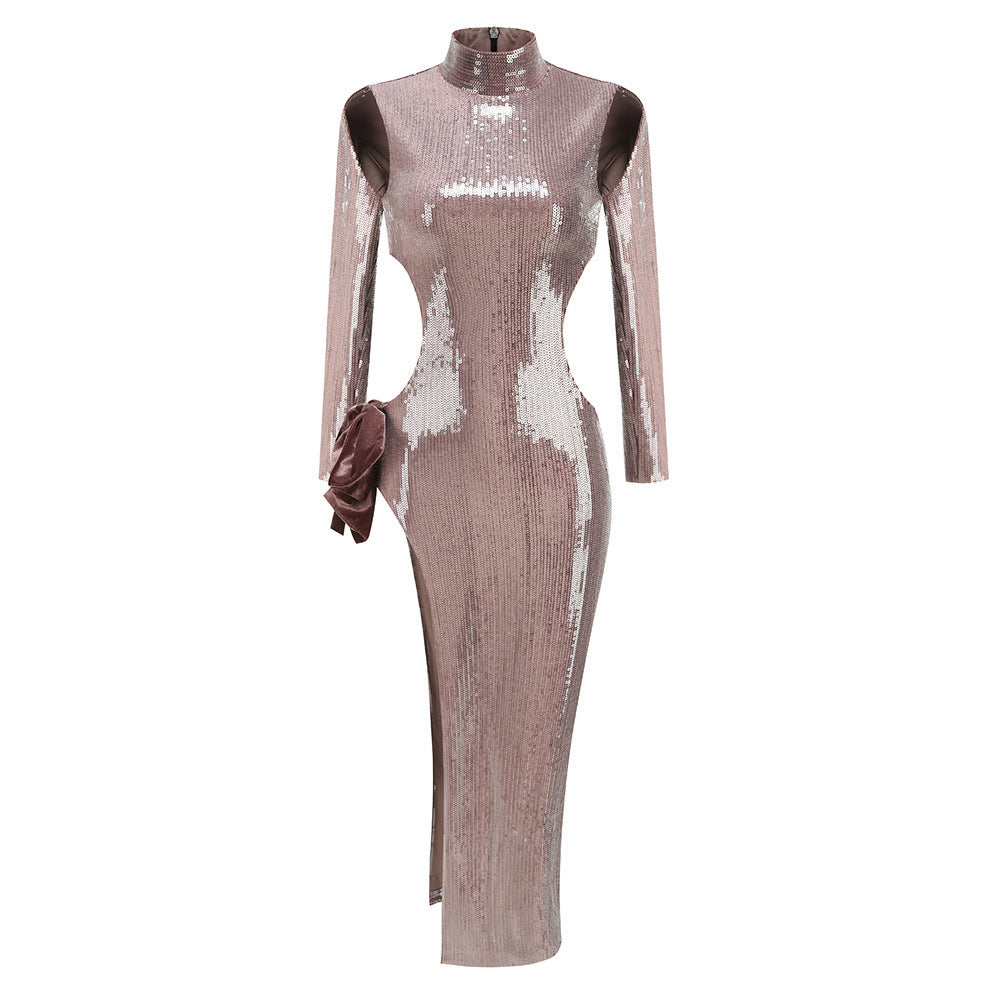 Slim-fit Sequined Turtleneck Long Dress aclosy