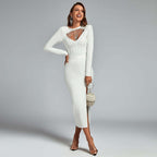 Women's Hollow-out Long-sleeved Pendant Bandage One-piece Dress aclosy