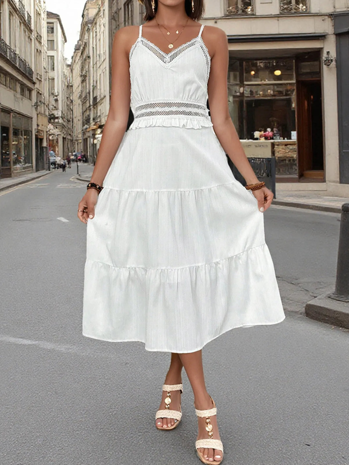 Tiered Midi Dress with Lace Trim Details
