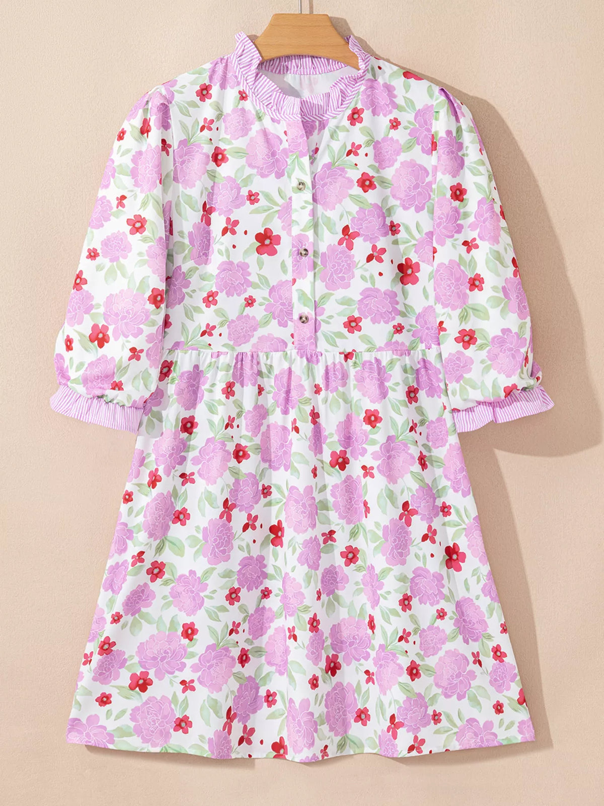 Floral Print Striped Trim Frilled Neck 3/4 Sleeve Flared Mini Dress