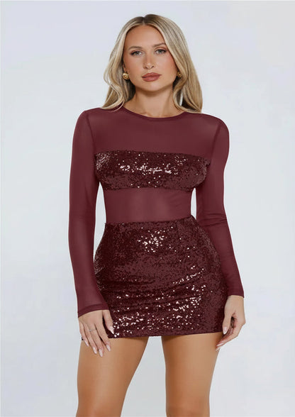 Alisha Sequin Red Mini Sleeved Party dress