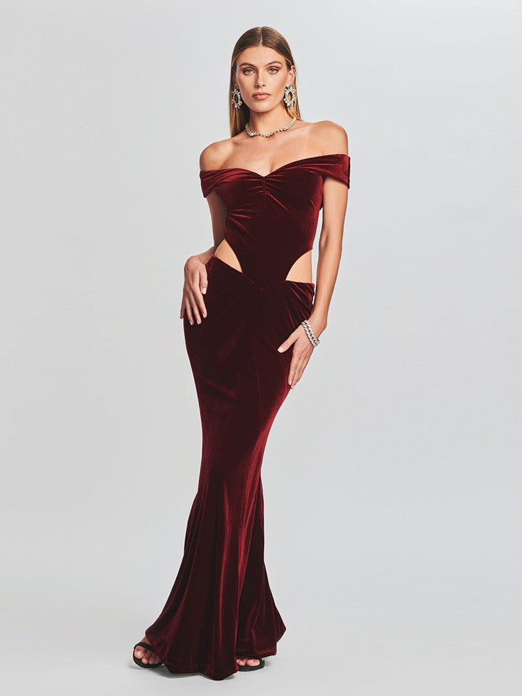 One-line Shoulder Sexy Waist-less Velvet Dress Aclosy