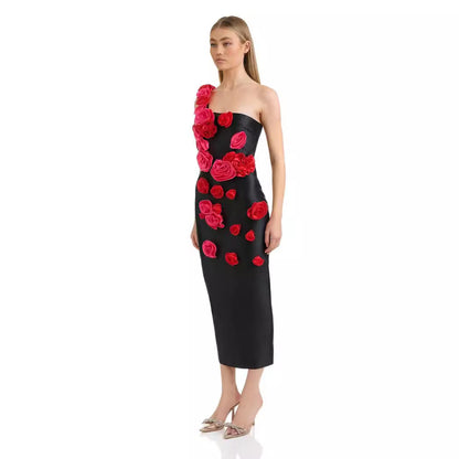 Alyia One Shoulder Red Rose Mid Dress