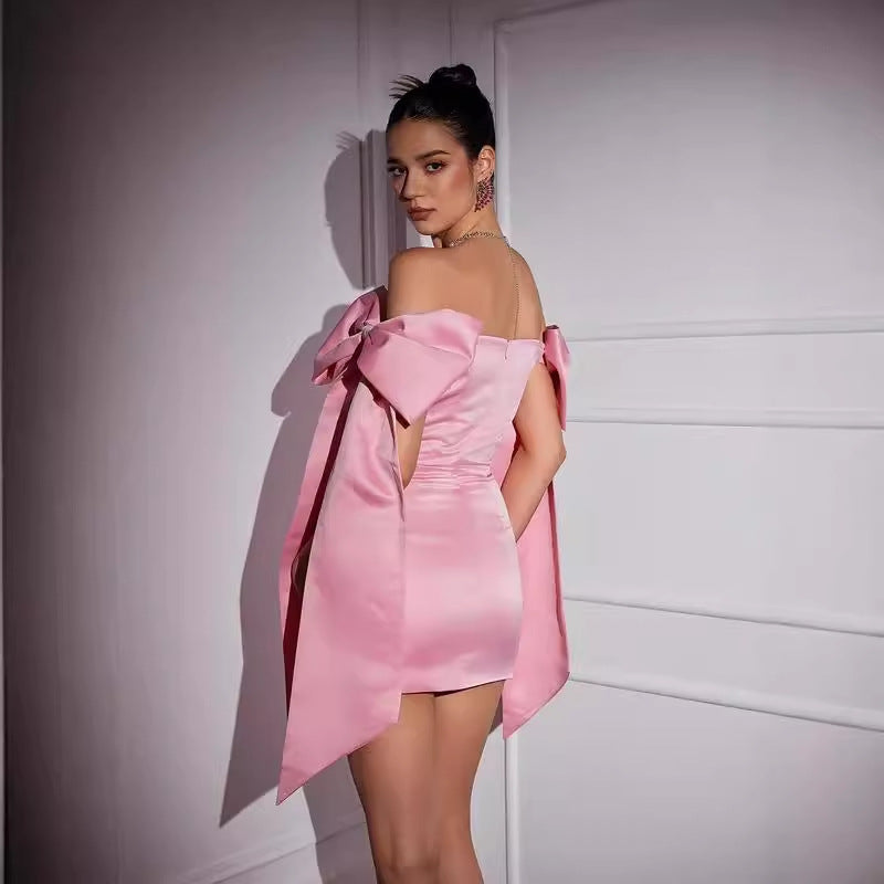 strapless open back dress Chic Elegant Off Shoulder Bow Mini Dress-Barbie – Aclosy